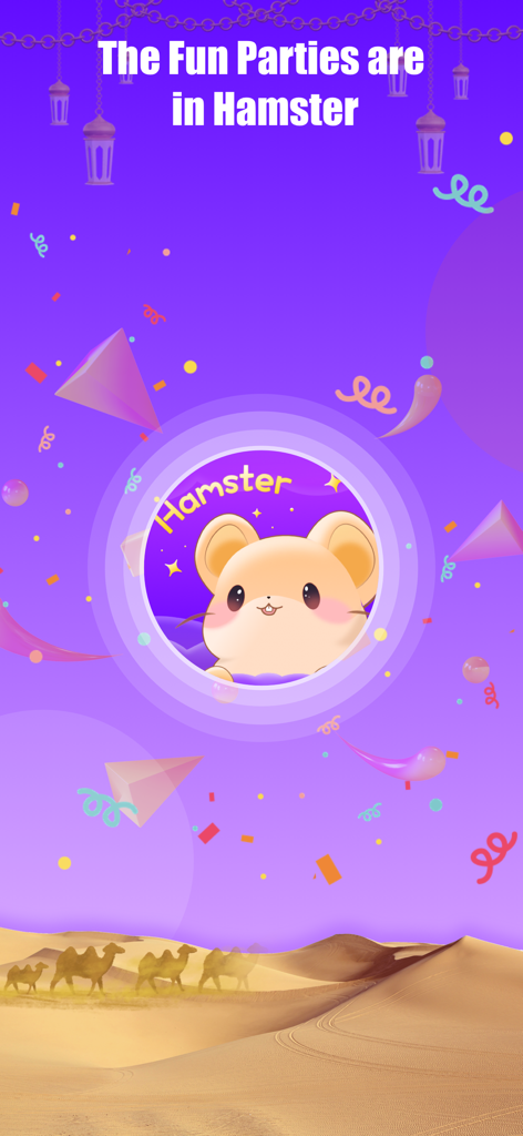 Hamster Live - Pantalla de inicio de la aplicación de fiesta de chat de voz social Hamster Live con una linda mascota de hámster y un tema de fiesta en el desierto.