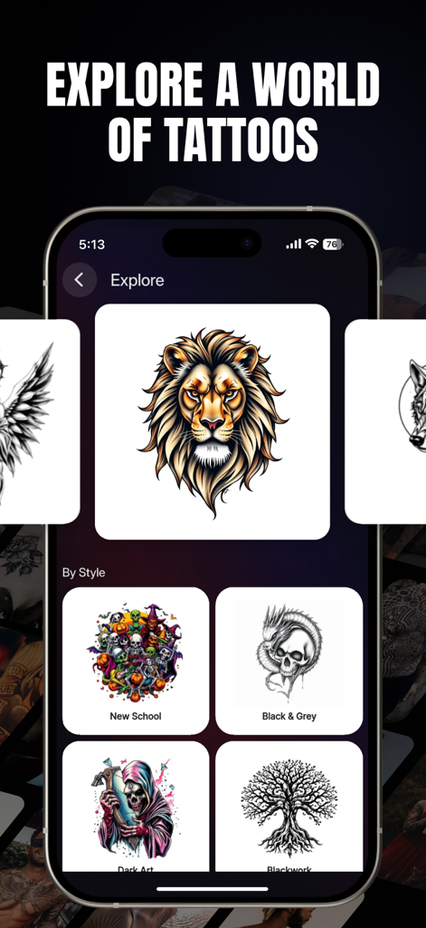 Tattoo Designs App: TattooInk - ライオンやスカルのアートを含む、多様なタトゥーデザインスタイルを表示するギャラリーを表示するモバイルアプリインターフェース。