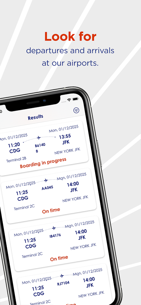 Paris Aéroport – Official - Tela do smartphone exibindo horários de partidas e status de voos em tempo real de Paris Charles de Gaulle para Nova York JFK no aplicativo oficial Paris Aeroport