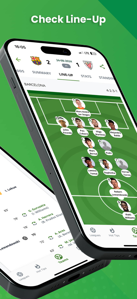 サッカーの試合のラインナップとチームフォーメーションを表示するモバイルアプリ画面