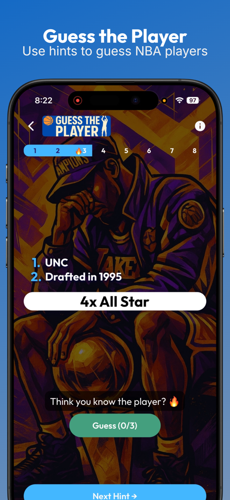 Blacktop Trivia - Blacktop Trivia mobile app screen displaying the Guess the Player mode with NBA basketball hints