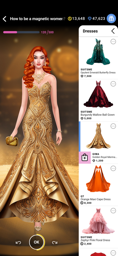 SUITSME: Dress Up Fashion Game - Styling a virtual model in a golden mermaid gown in the SUITSME dress up game