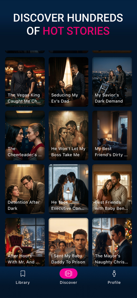 DearStory: Passion for Fiction - DearStoryアプリのディスカバースクリーン。さまざまなロマンスストーリーのカバーがグリッド表示されています。