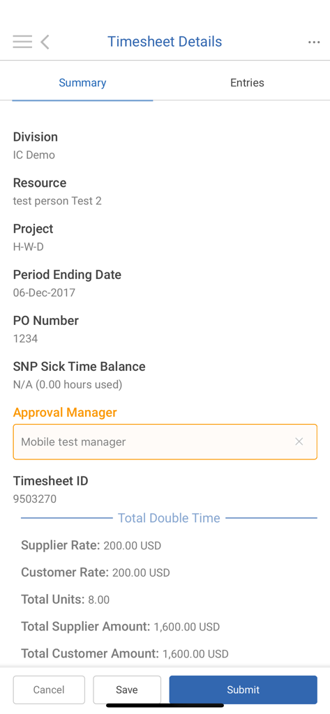 Workforce Logiq Mobile timesheet summary screen displaying project resource and total amount details