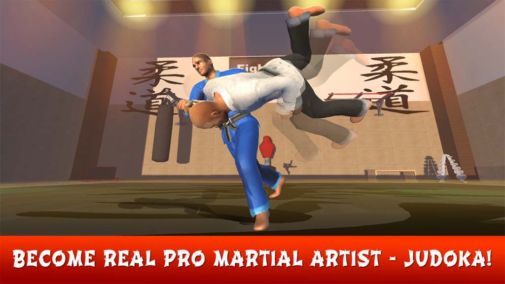 Judo Kick Master: Fighting Clash - A 3D judo fighter performing a throw against an opponent in a martial arts dojo.