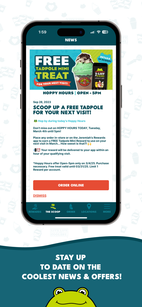 Jeremiahs Italian Ice Rewards app news screen showing a free treat offer