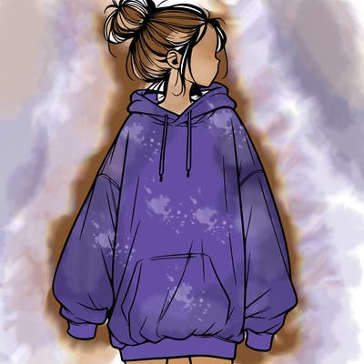 realistic girl with a oversized sweatshirt on and a bun