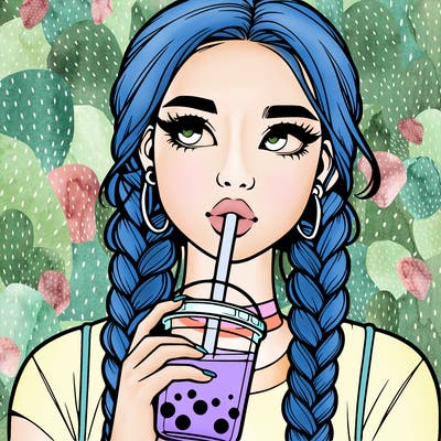 realistic girl with braided hair drinking boba