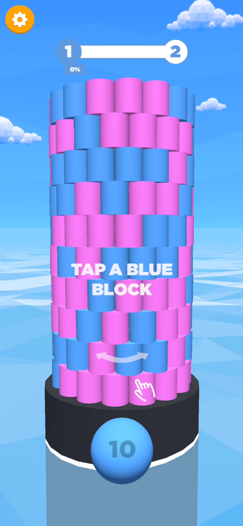 Tower Color - Hit and crash! - Gameplay screenshot of Tower Color showing a pink and blue block tower with instructions to tap a blue block