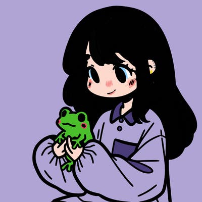girl with long hair and a oversized shirt. and she is holding a frog