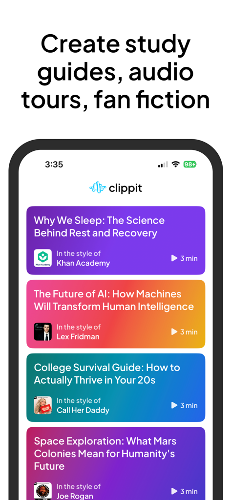 Clippit: AI Text To Speech - Clippit app interface showing text-to-speech content in the style of popular podcasters like Joe Rogan and Lex Fridman.
