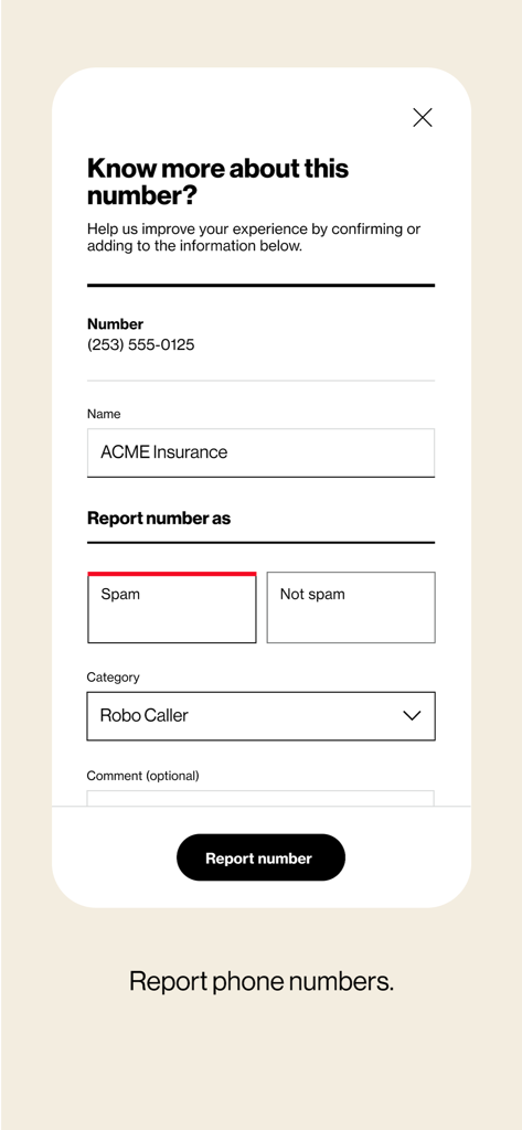 Verizon Call Filter - Interface for reporting a phone number as spam or a robocaller within the Verizon Call Filter app