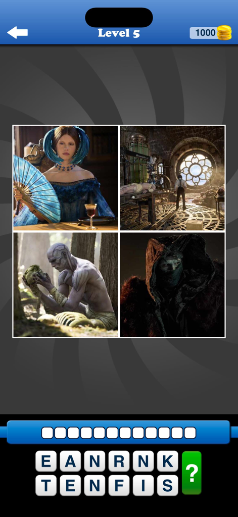 Guess the Movie: Film Pop Quiz - Una captura de pantalla de la aplicación Adivina la Película: Quiz Cinematográfico que muestra cuatro escenas de la película Frankenstein para el Nivel 5.