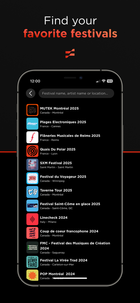 FEST: Your Festivals, One App - A smartphone screen displaying the FEST app with a searchable list of music festivals like MUTEK Montreal and Plages Electroniques
