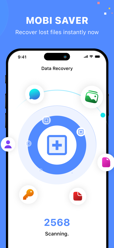 MobiSaver: Data&Photo Recovery - MobiSaver app interface showing an active data recovery scan for lost photos and files on an iPhone