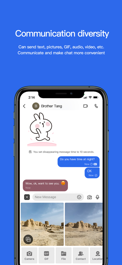 Cipchat - Encrypted Messenger - Captura de tela do aplicativo Cipchat mostrando um chat criptografado com configurações de mensagens de texto, adesivos, fotos e desaparecimento.