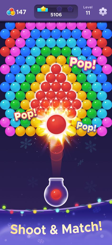 Bubble Relax: Pop Shooter - Écran de jeu de tir de bulles colorées avec des bulles et le texte Shoot and Match