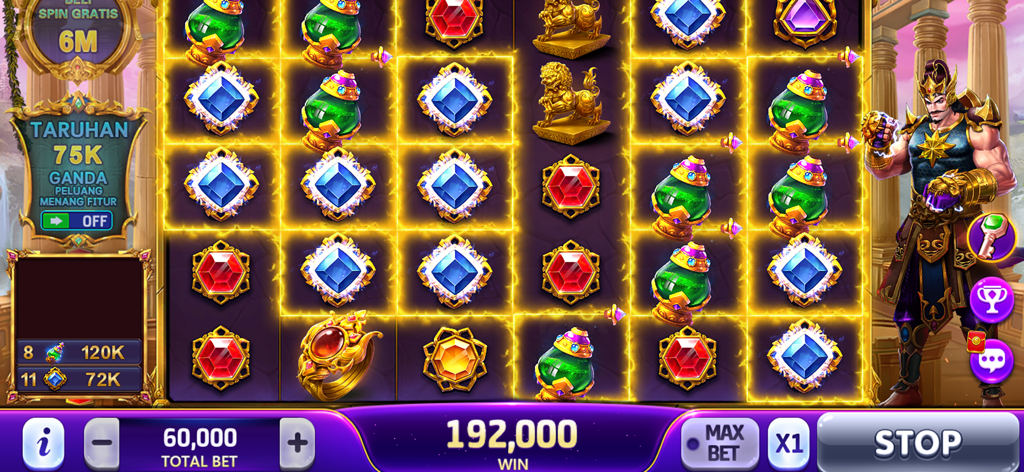 Gameplay screenshot of Joker King Slots Online showing a large winning score on a mythical warrior themed slot machine with colorful gems and gold symbols
