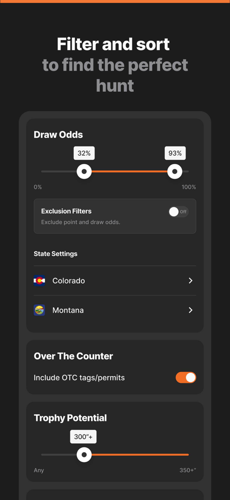 GOHUNT app interface showing hunt research filters for draw odds, state settings, and trophy potential