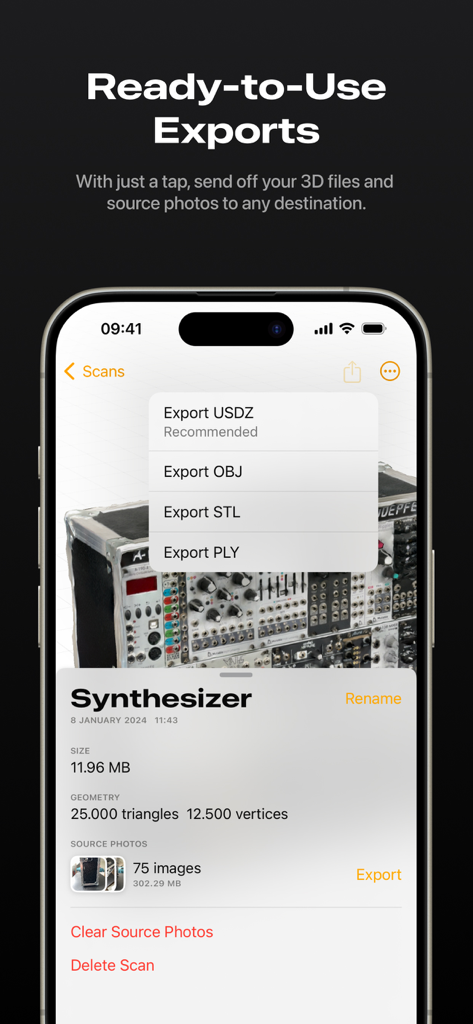 Eine mobile Oberfläche der Orbit 3D-Scanner-App, die Exportoptionen für USDZ, OBJ, STL und PLY-Dateiformate anzeigt.