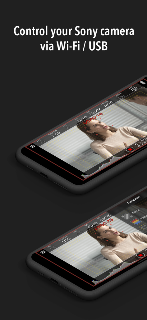 Interfaz de la aplicación Monitor plus mostrando control y monitorización profesional de cámaras en un iPhone a través de Wi-Fi o USB