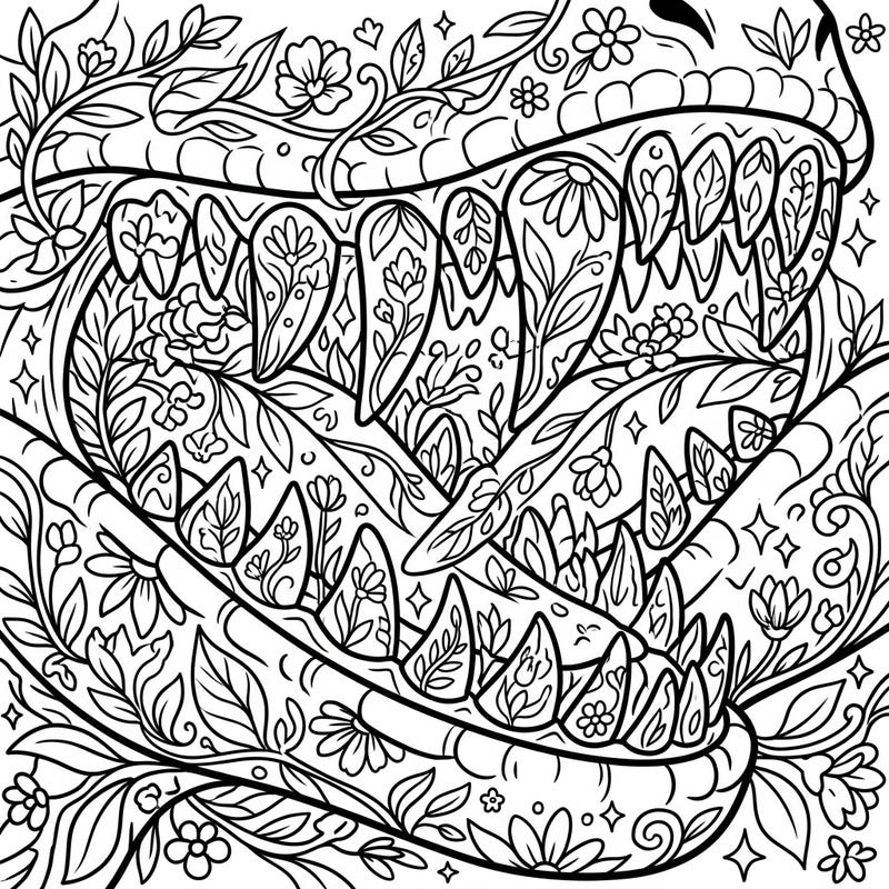 Dive into a thrilling blend of prehistoric might and natural beauty with this unique Velociraptor teeth coloring page. Experience the unexpected harmony of sharp dinosaur jaws intertwined with delicate spring flowers, offering an engaging artistic challenge.
