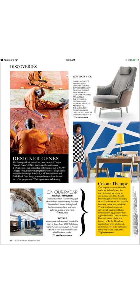 Condé Nast House & Garden - Digital magazine page from the Conde Nast House and Garden app featuring interior design trends and furniture