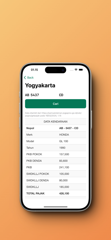 A mobile app interface displaying detailed vehicle tax information for a motorcycle in Yogyakarta Indonesia