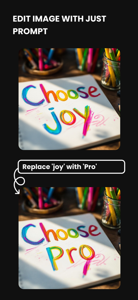 PixAI - Image Generator - A demonstration of the PixAI app showing how to edit text within an image using a simple prompt to replace words.