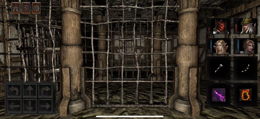 Dungeon Of Dragon Knight - First-person view of a grid-based dungeon crawler showing a party of four adventurers facing a metal gate in a dark labyrinth.