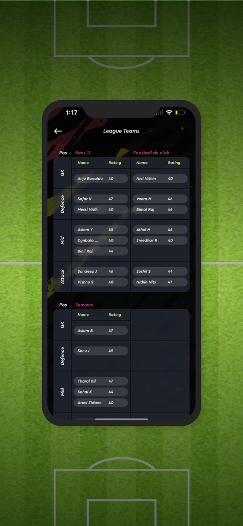 Whistle - Your sports tracker - Interfaccia dell'app Whistle che visualizza le squadre di lega con posizioni dei giocatori e valutazioni di abilità