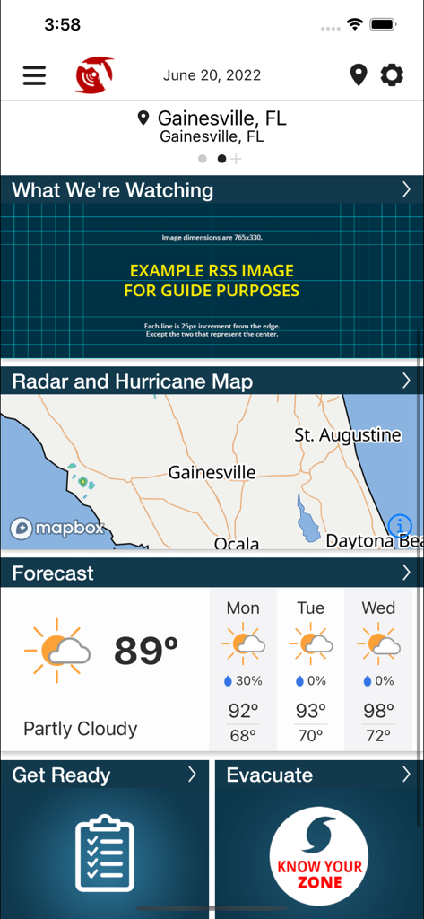 Florida Storms - Dashboard of the Florida Storms app showing current weather, radar map, and emergency preparation links for Gainesville.
