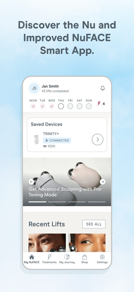 NuFACE Smart App interface showing treatment tracking and device connection status