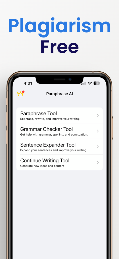 Undetectable AI mobile app interface showing writing tools including a paraphrase tool, grammar checker, and sentence expander.