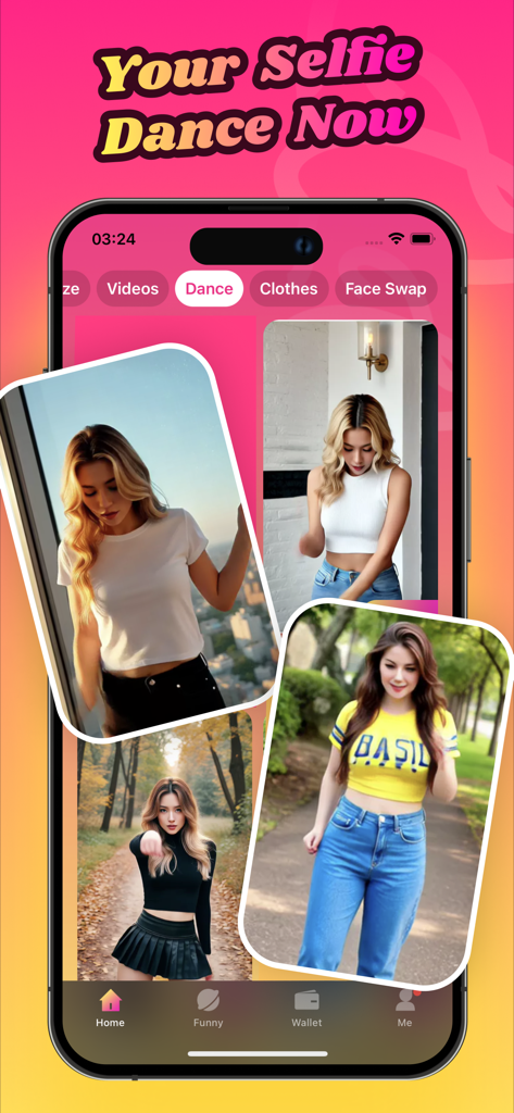 HoloMet app interface showcasing the AI dancing feature for selfies