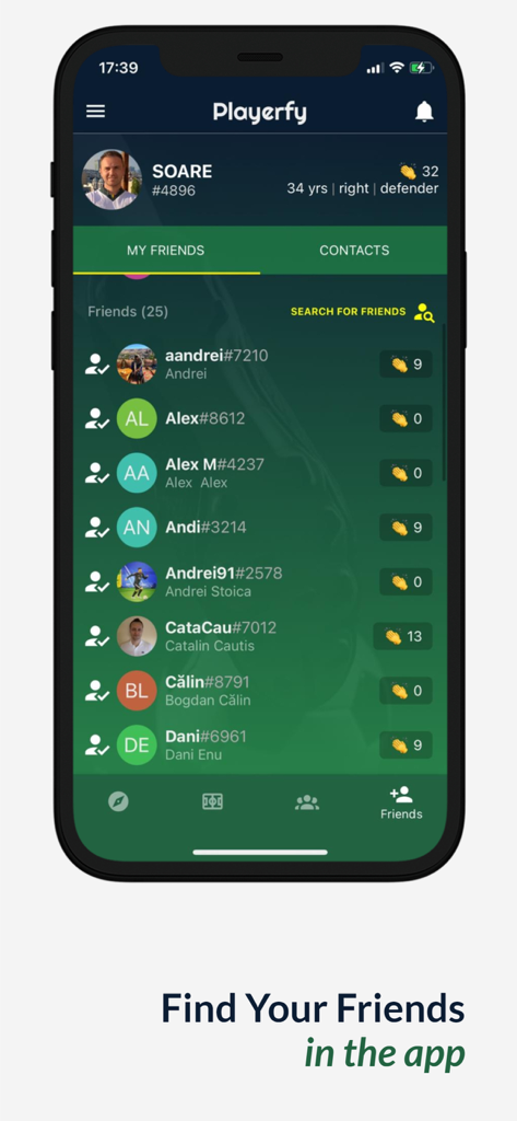 Playerfy - Playerfyモバイルアプリの画面。サッカ​​ープレイヤーの評価を持つ友達のリストを表示。