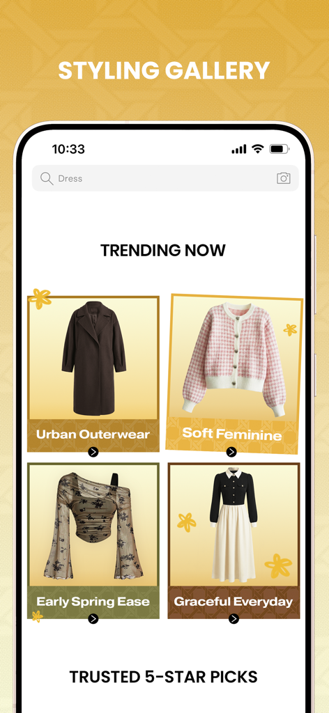 Galería de estilos de la aplicación móvil Savana que muestra categorías de moda de tendencia como Ropa Exterior Urbana y Femenino Suave.