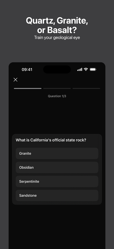 Rockr AI: Rock Identifier - Ein Screenshot einer mobilen App zeigt eine Geologie-Quizfrage nach dem offiziellen Staatsgestein Kaliforniens.