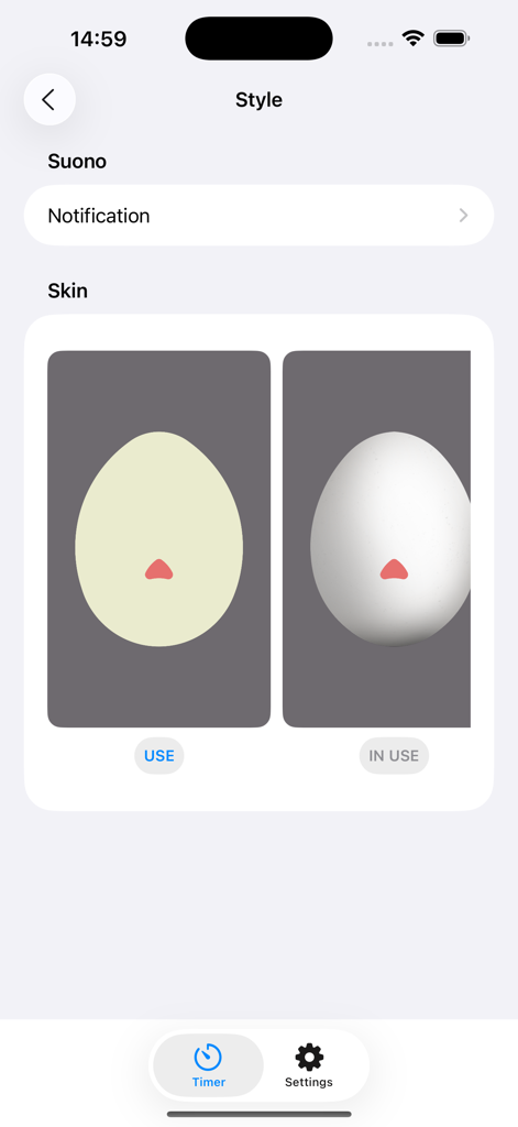 Pantalla de personalización de la aplicación Chef Timer que muestra diferentes pieles de huevo y configuraciones de sonido.