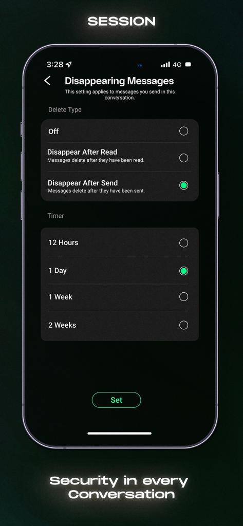 Session private messenger interface showing disappearing messages options and timer settings on a smartphone screen.
