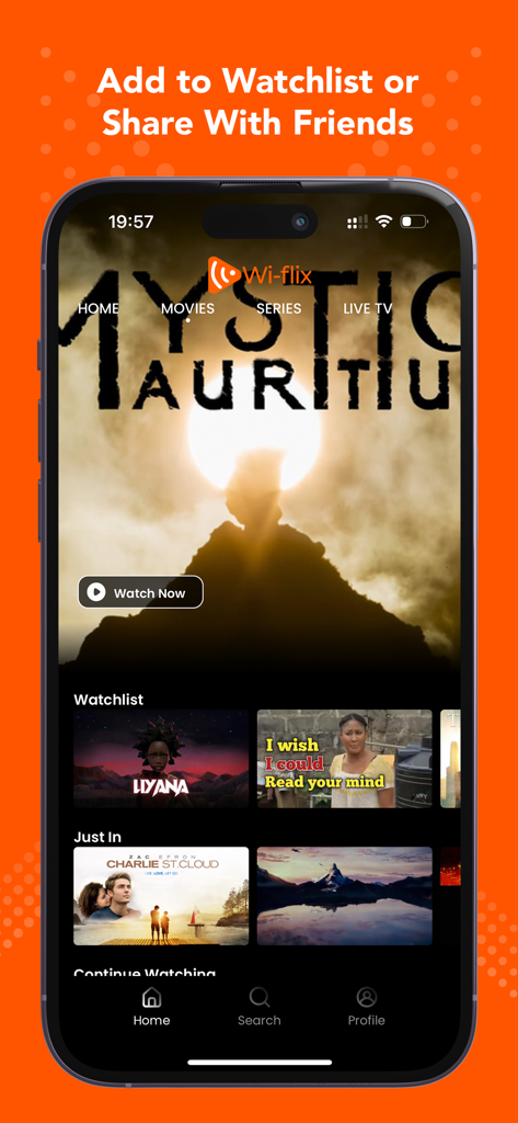 Wi-flix - Pantalla de inicio de la aplicación móvil Wi-flix mostrando la lista de visualización de películas y categorías de transmisión