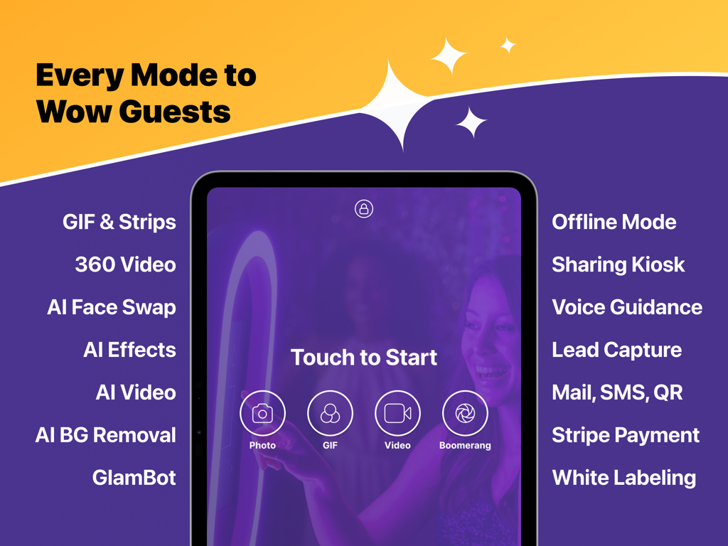 Un iPad que muestra la interfaz de la aplicación AI Photo Booth Pro con varios modos de captura de eventos y funciones profesionales listadas