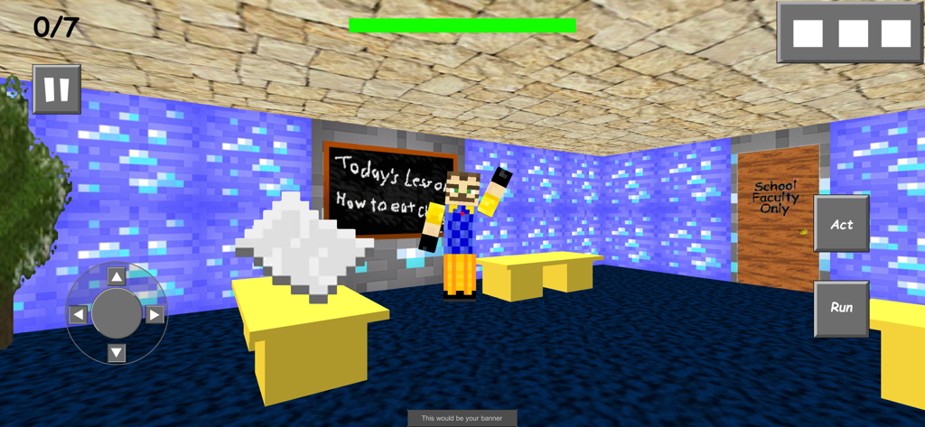 Neighbor Pixel Horror Craft 3D - Voxel style classroom gameplay in Neighbor Pixel Horror Craft 3D showing the neighbor character waving