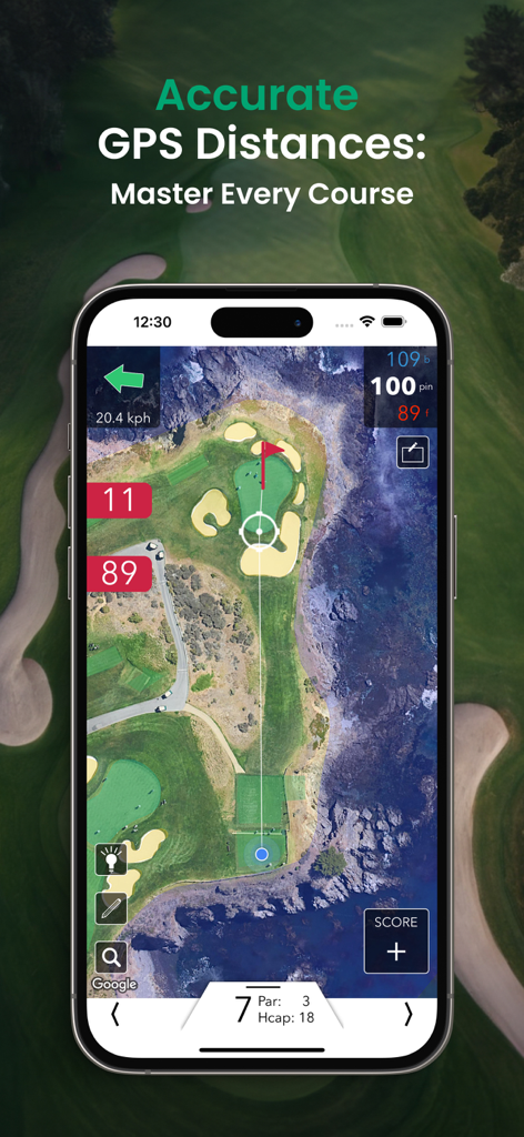 Roundabout - Golf GPS Tracker - Roundabout app displaying accurate GPS distances and satellite course maps on an iPhone screen.