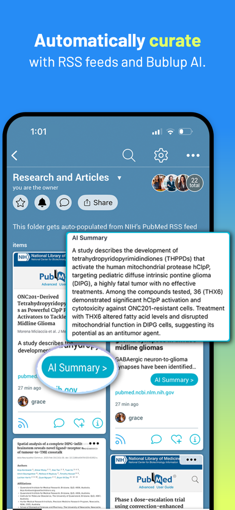 Bublup - Bublup mobile app screen showing automated AI summaries for research articles and RSS feed curation.