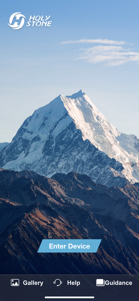 Ophelia GO - Ophelia GO app home screen featuring the Holy Stone logo and an Enter Device button over a snow capped mountain landscape.