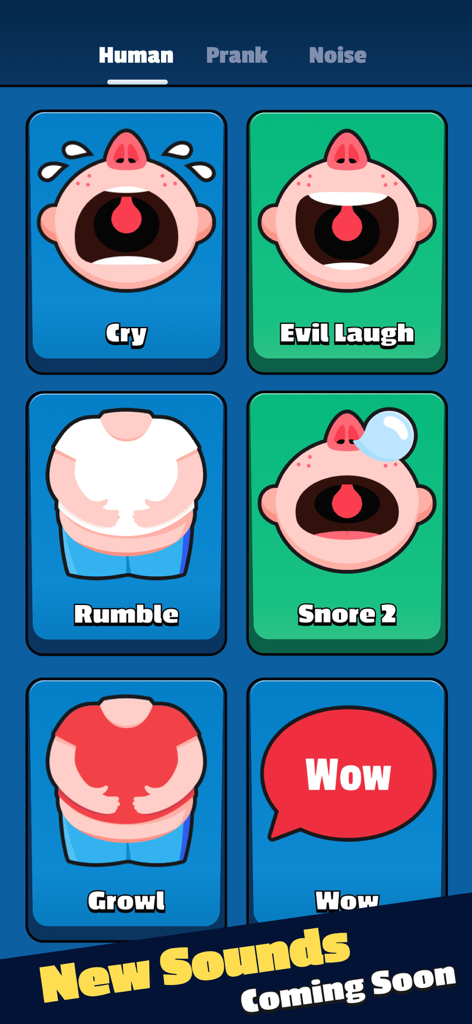 Mobile interface of the Prank Sounds app displaying human sound effect buttons