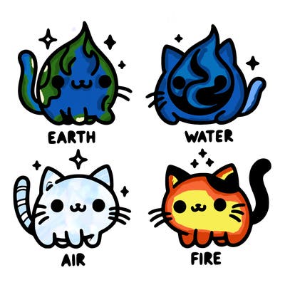 4 cats that represent the different elements, earth, water, air, and fire