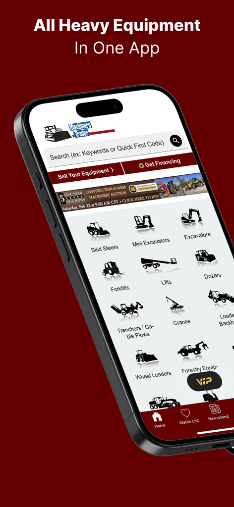 MachineryTrader app interface showing construction equipment categories like excavators and dozers on a mobile device