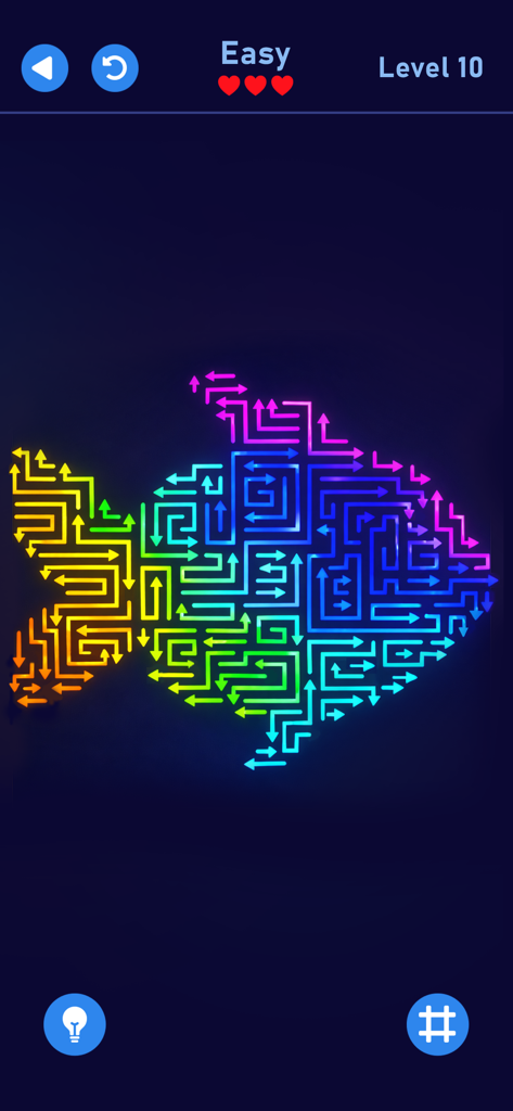 Arrow World - Puzzle Out Game - Un nivel de puzzle de lógica con flechas de neón arcoíris dispuestas en forma de pez sobre un fondo oscuro